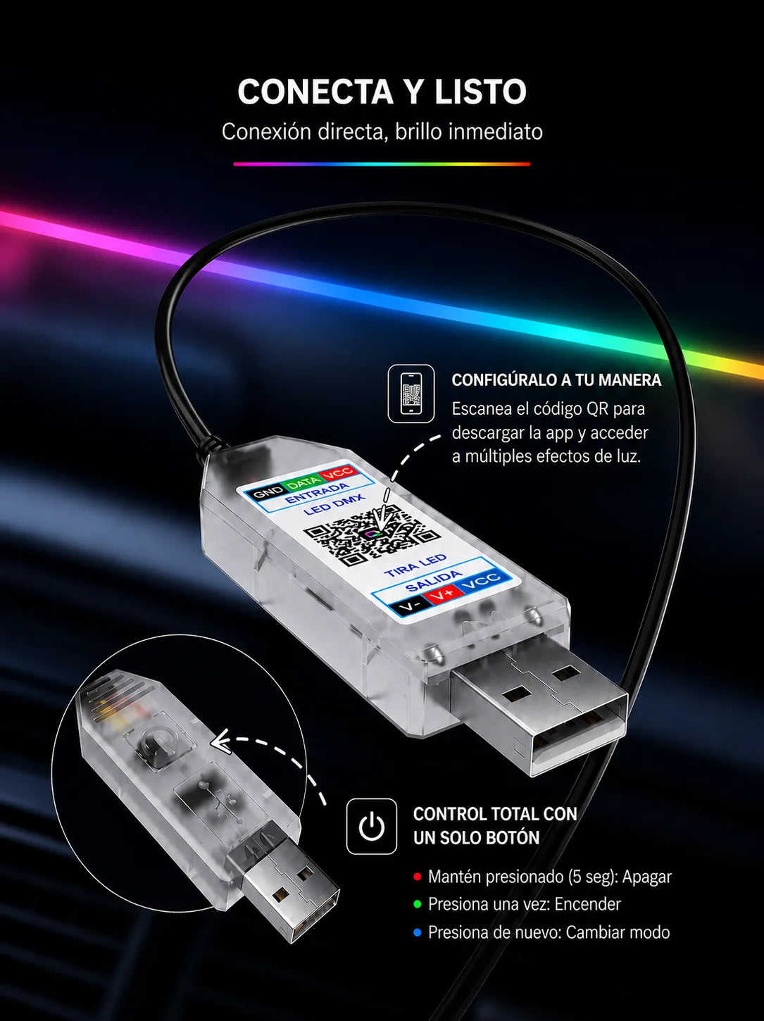 Luz led ambiental - Multi color y efectos - Instalación universal